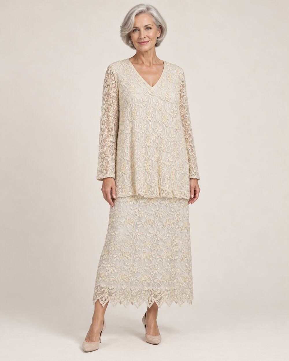 Vintage 1990s Judith Ann Creations Ivory Beaded Lace Dress M 40" Bust